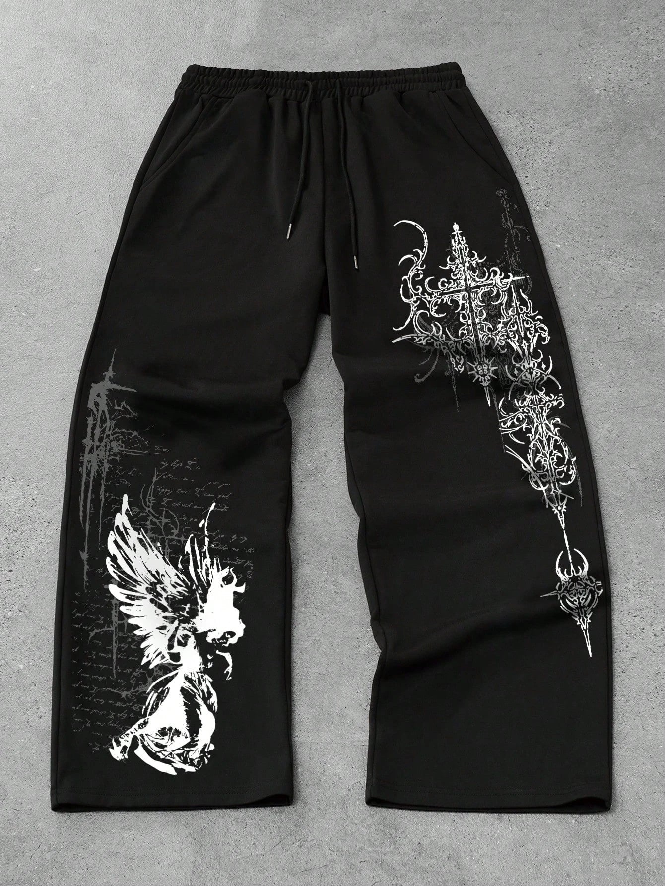 Black Graphic Print Elastic-Waist Pants