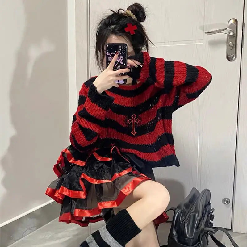 Women's Striped Distressed Knit Pullover Sweater