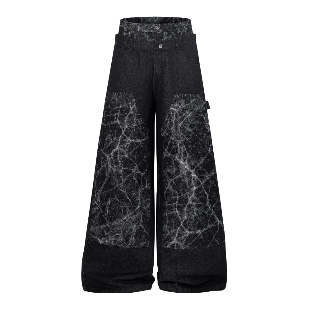 Men's Black Patchwork Wide-Leg Jeans