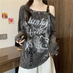 Distressed Off-Shoulder Graphic Long-Sleeve T-Shirt
