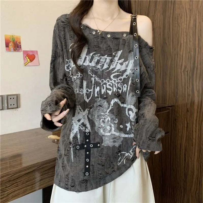 Distressed Off-Shoulder Graphic Long-Sleeve T-Shirt