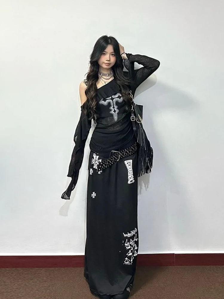 Women's Black Gothic Graphic Off-Shoulder Flare-Sleeve Top