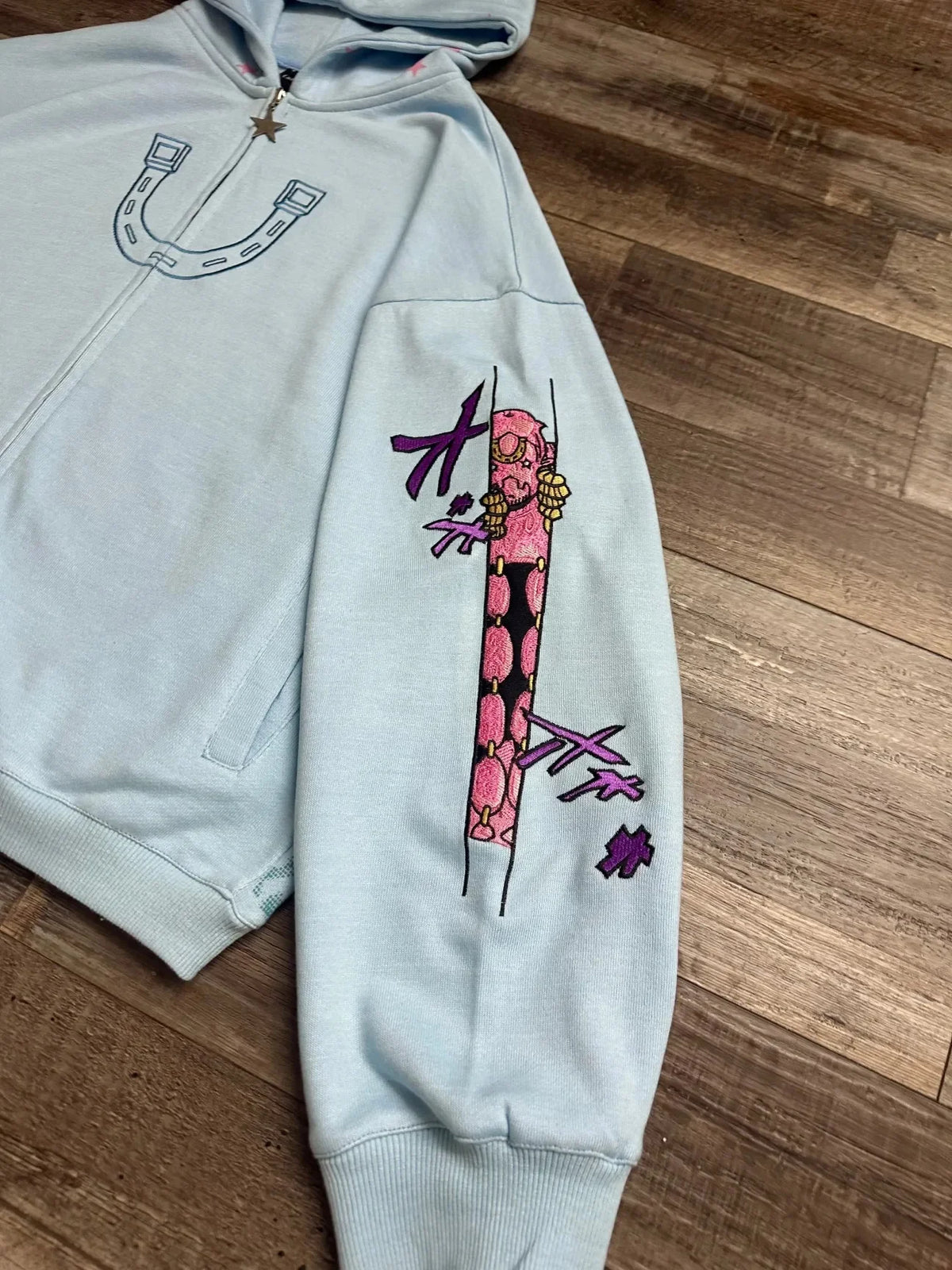 Light Blue Star & Graphic Zip-Up Hoodie
