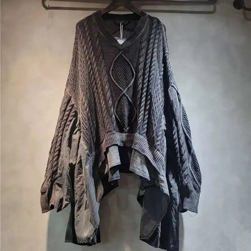 Women's Black Cable-Knit Patchwork V-Neck Sweater