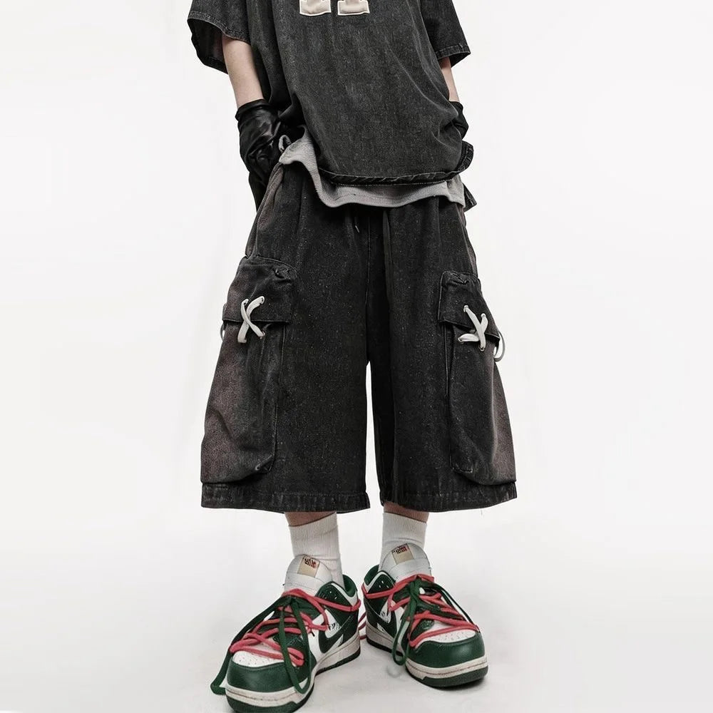 Men's Black Denim Cargo Shorts – Loose Knee-Length Drawstring Shorts