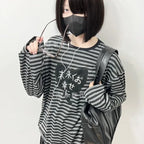 Gray Striped Long-Sleeve Top with Embroidered Heart Graphic