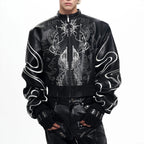 Men’s Black Embroidered PU Leather Jacket