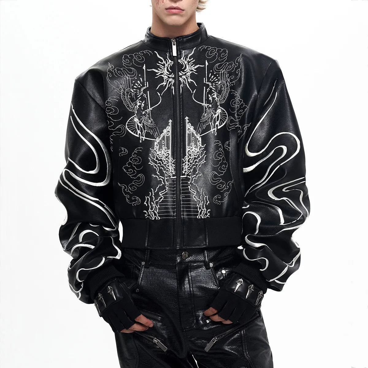Men’s Black Embroidered PU Leather Jacket