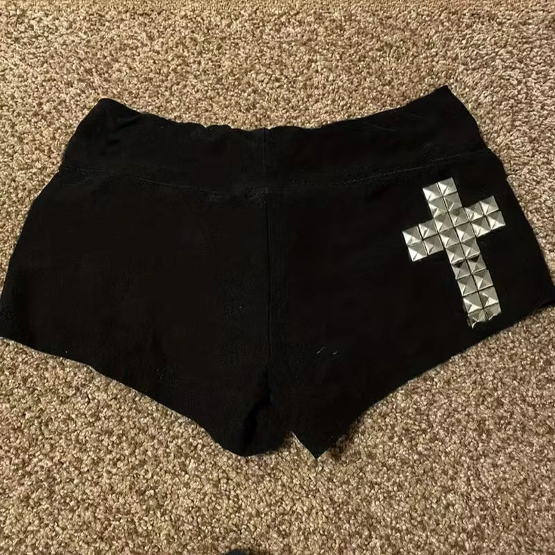 Women’s Black Low-Rise Shorts with Geometric Cross Stud Detail