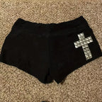 Women’s Black Low-Rise Shorts with Geometric Cross Stud Detail
