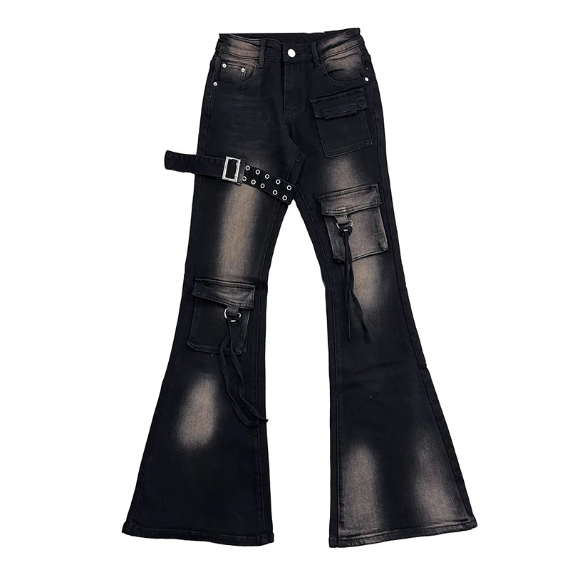 Women's Black and Blue Low-Rise Flare Cargo Jeans with Belt Detail