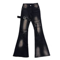 Women's Black and Blue Low-Rise Flare Cargo Jeans with Belt Detail