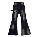 Women's Black and Blue Low-Rise Flare Cargo Jeans with Belt Detail