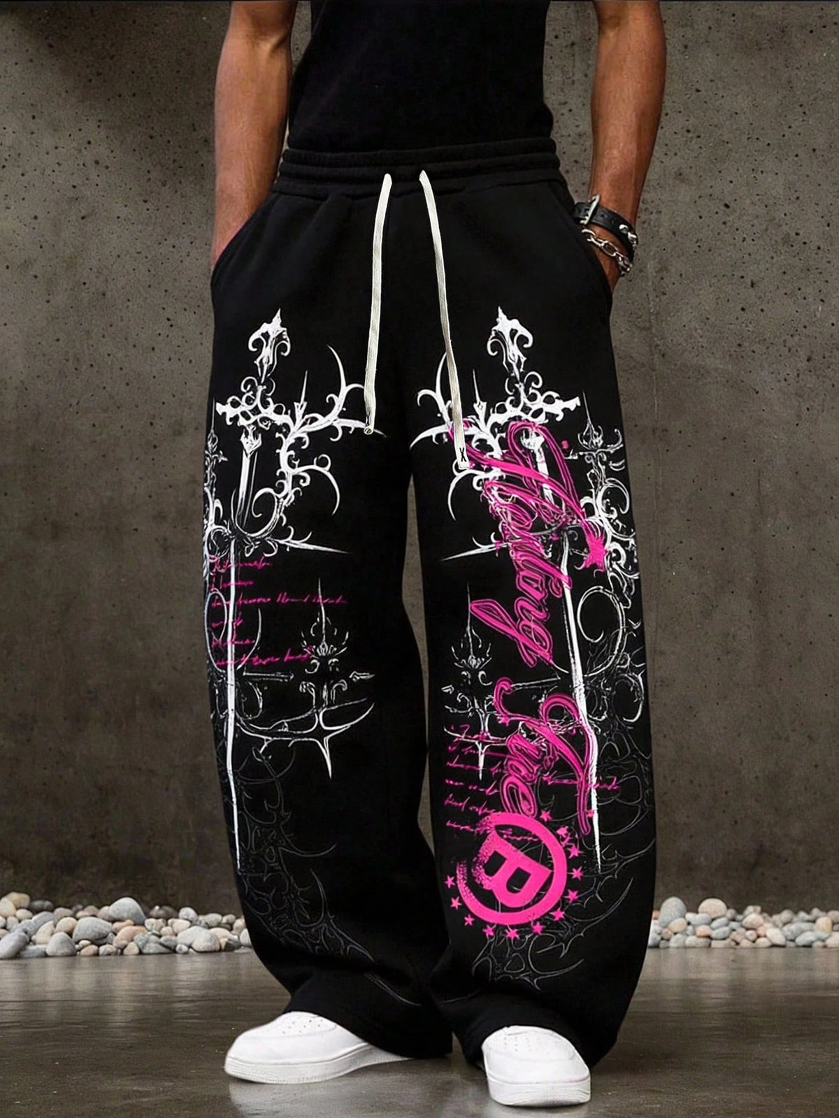 Black Graphic Print Elastic-Waist Pants