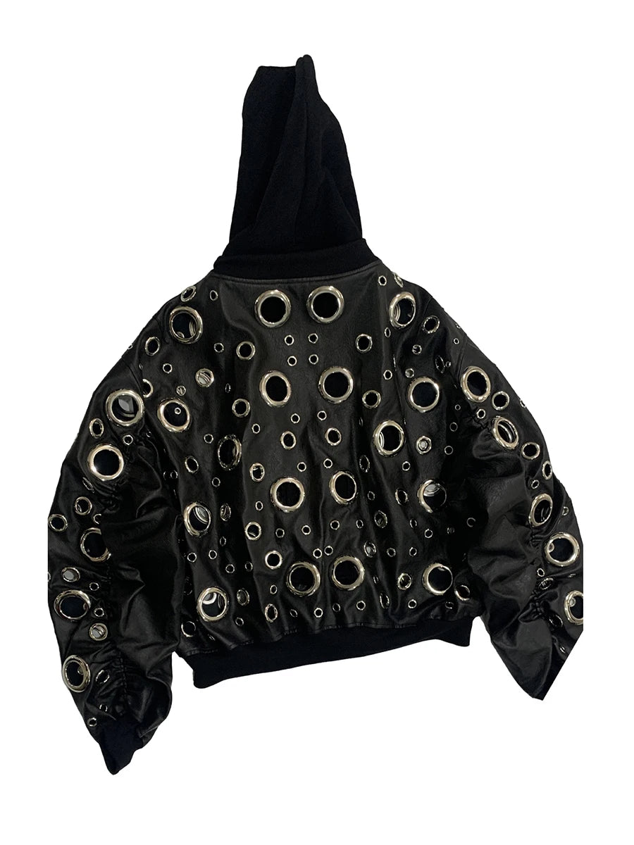 Men’s Oversized Hooded Faux-Leather Eyelet Jacket
