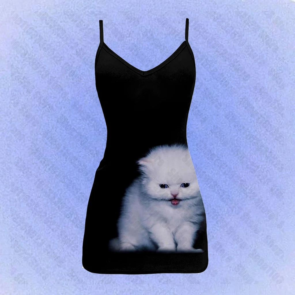 Black Cat Print Mini Slip Dress