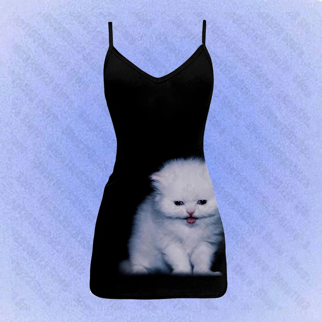 Black Cat Print Mini Slip Dress