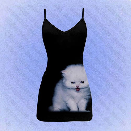 Black Cat Print Mini Slip Dress