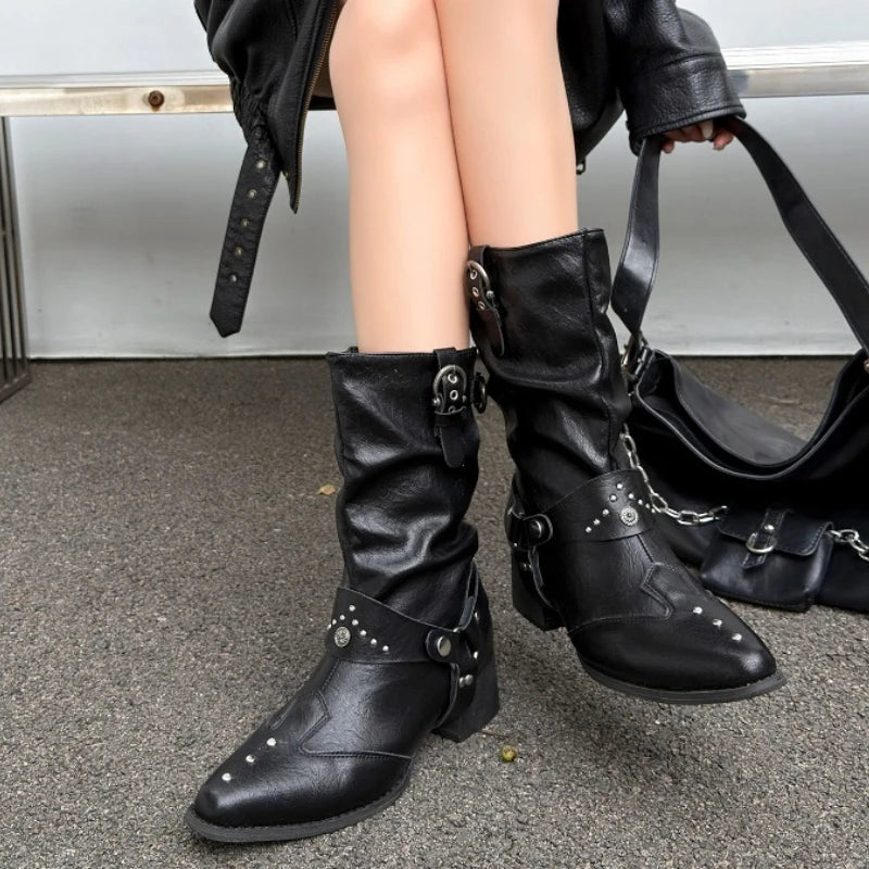 Women's Black Studded Buckle Mid-Calf Boots