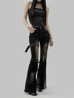 Women's Black and Blue Low-Rise Flare Cargo Jeans with Belt Detail