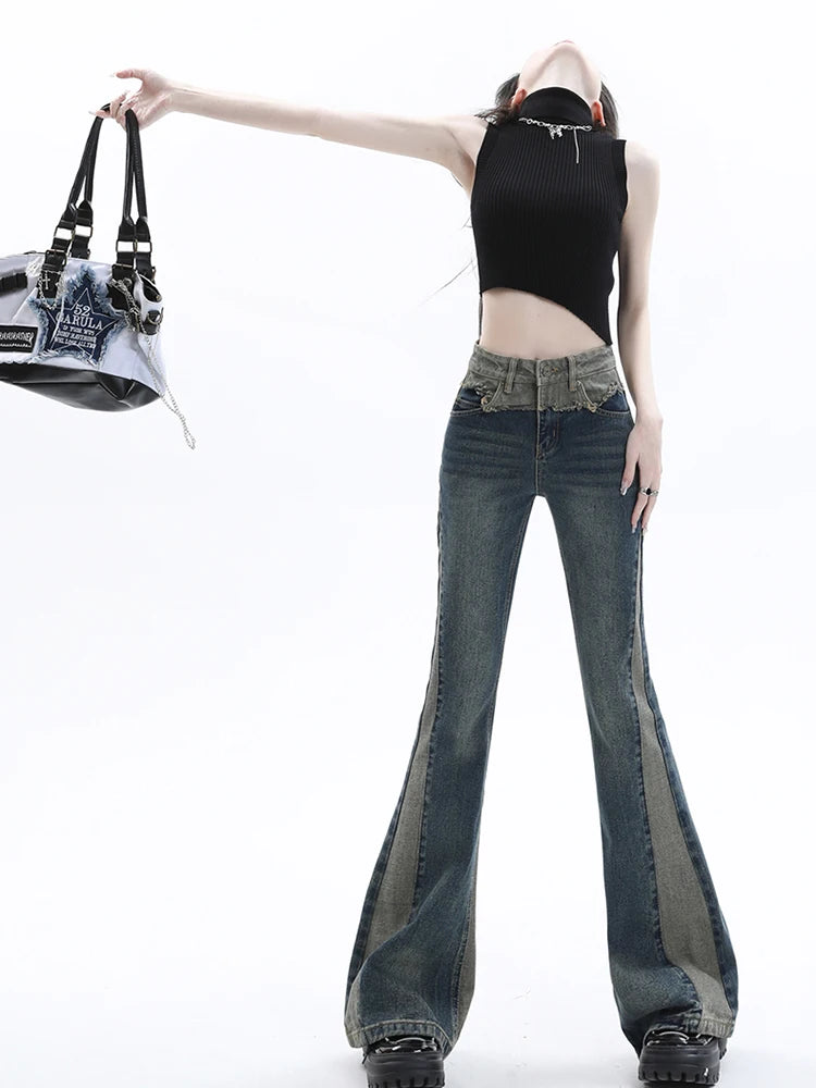 Women’s Blue Patchwork High-Waist Bootcut Jeans