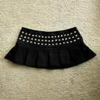 Black Studded Pleated Mini Skirt
