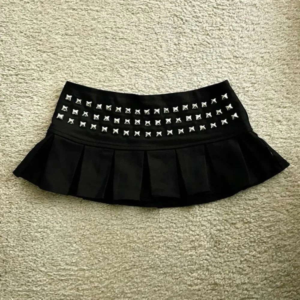 Black Studded Pleated Mini Skirt