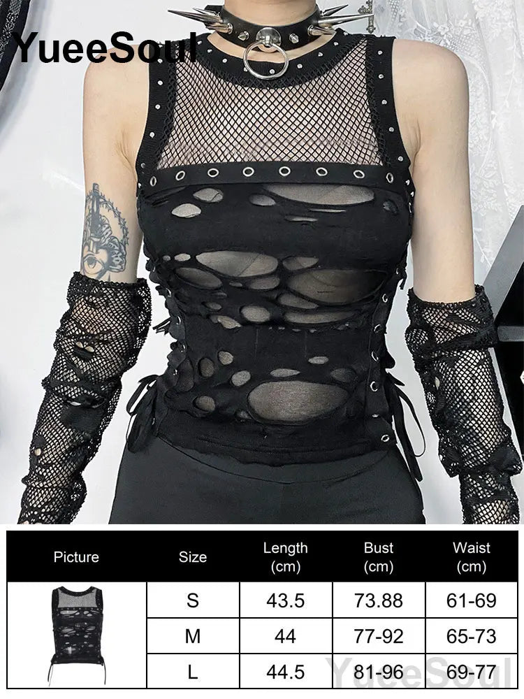 Black Gothic Lace-Mesh Sleeveless Distressed Top
