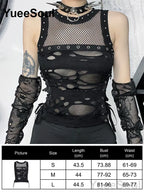 Black Gothic Lace-Mesh Sleeveless Distressed Top