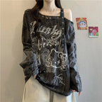 Distressed Off-Shoulder Graphic Long-Sleeve T-Shirt