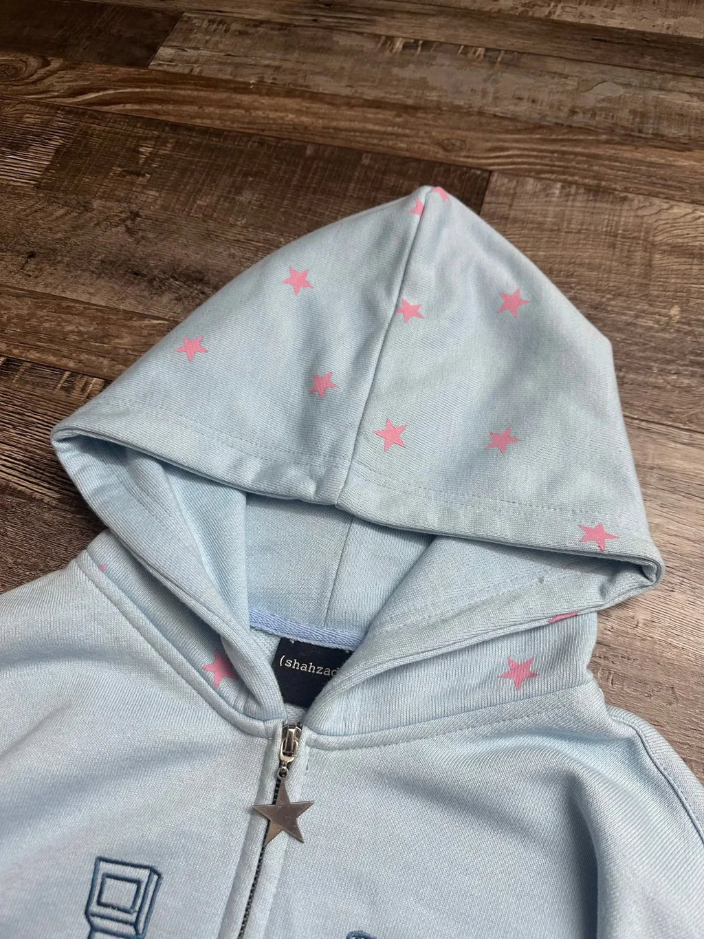 Light Blue Star & Graphic Zip-Up Hoodie