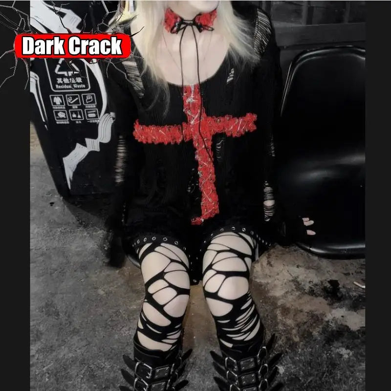 Women's Distressed Knit Sweater with Lace-Up Safety-Pin Cross Detail