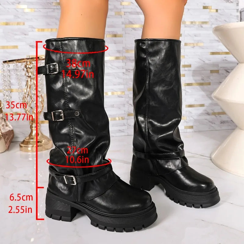 Women's Knee-High Platform Boots with Multi-Buckle Straps