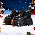 Women's Black Lace-Up Platform Ankle Shoes with Metal Details