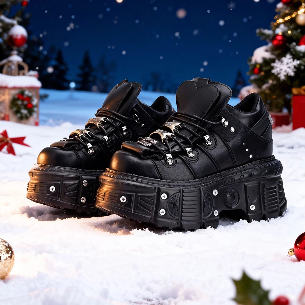 Women's Black Lace-Up Platform Ankle Shoes with Metal Details