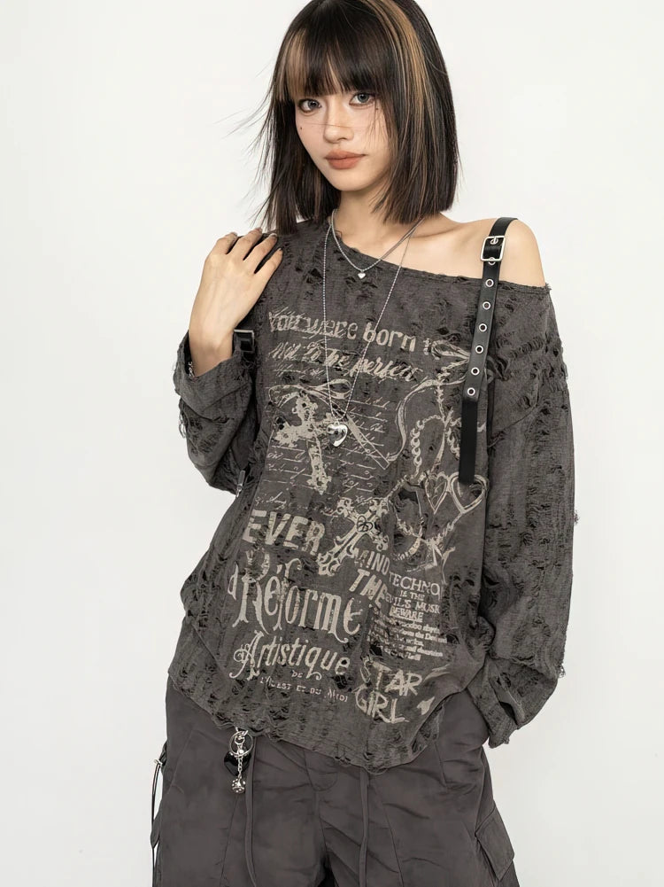 Women’s Distressed Graphic Off-Shoulder Long-Sleeve T-Shirt