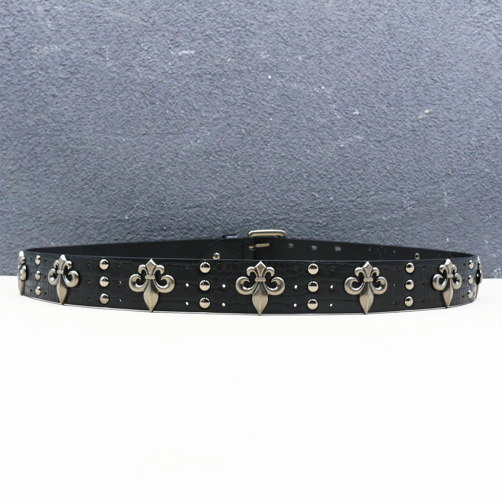 Crocodile-Embossed PU Belt with Fleur-de-Lis Rivets and Double Buckle