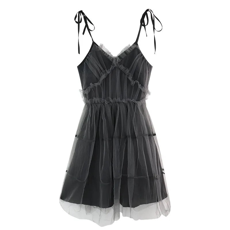 Black Gothic Lace-Up Tulle Mini Dress