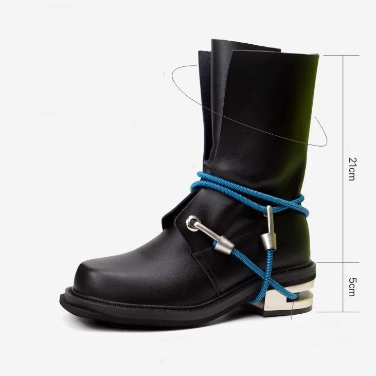 Men's Black Mid-Calf Lace-Up Boots with Wraparound Cords