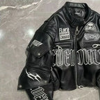 Black Embroidered Skull Graphic Motorcycle Jacket