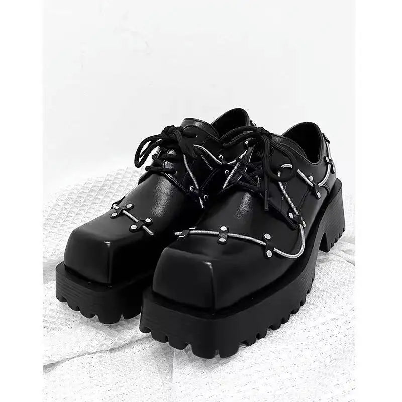 Men's Black Leather Platform Oxfords – Square Toe Lace-Up
