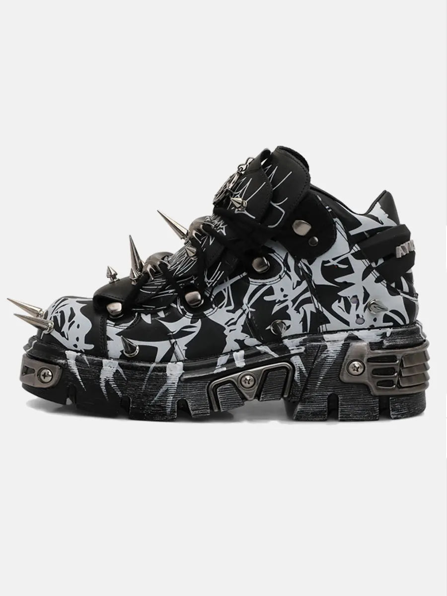 Black Graffiti Rivet Platform Shoes with Spikes