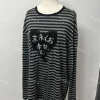 Gray Striped Long-Sleeve Top with Embroidered Heart Graphic
