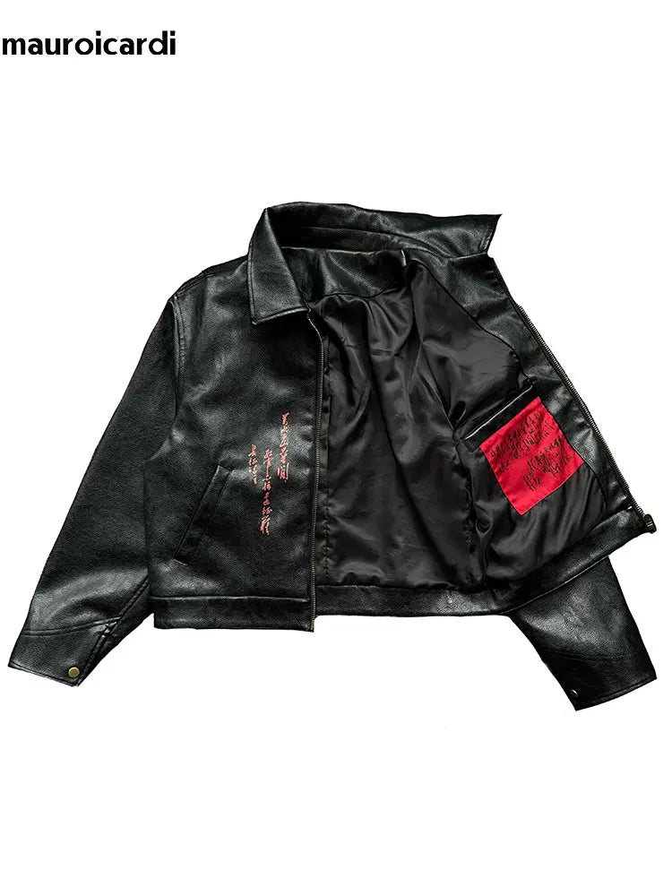 Grunge Black Faux Leather Embroidered Jacket with Red Ribbon Detail