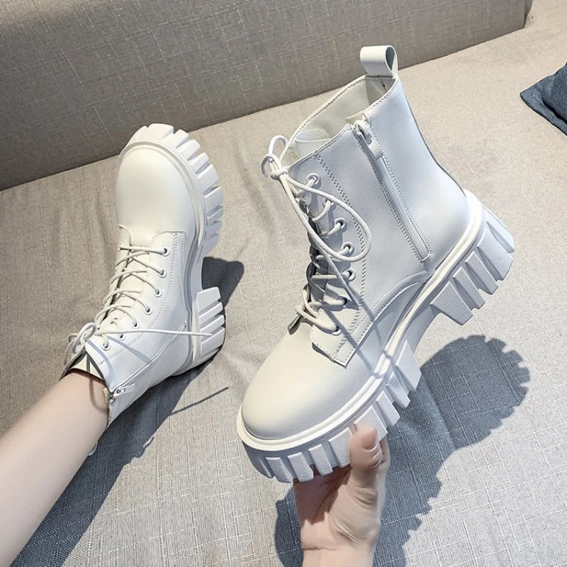 Women's PU Ankle Boots with Lugged Sole – Lace-Up