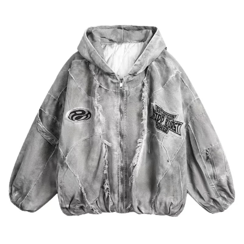 Men's Grey Distressed Hooded Jacket