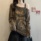 Distressed Off-Shoulder Graphic Long-Sleeve T-Shirt