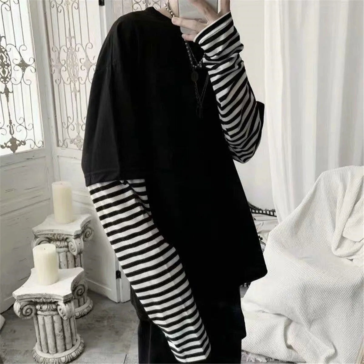 Men’s Layered Long-Sleeve T-Shirt with Striped Sleeves