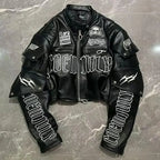 Black Embroidered Skull Graphic Motorcycle Jacket