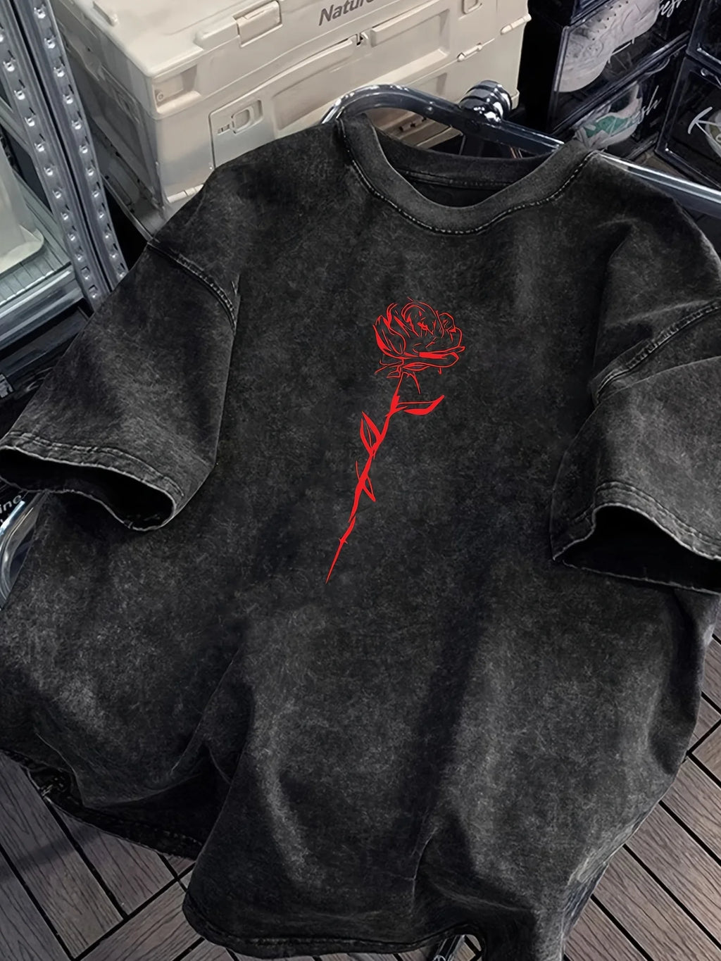 Washed Black T-Shirt with Red Rose Graphic